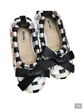 Miu Miu White, Black & Silver Braided Bow Ballet Flats